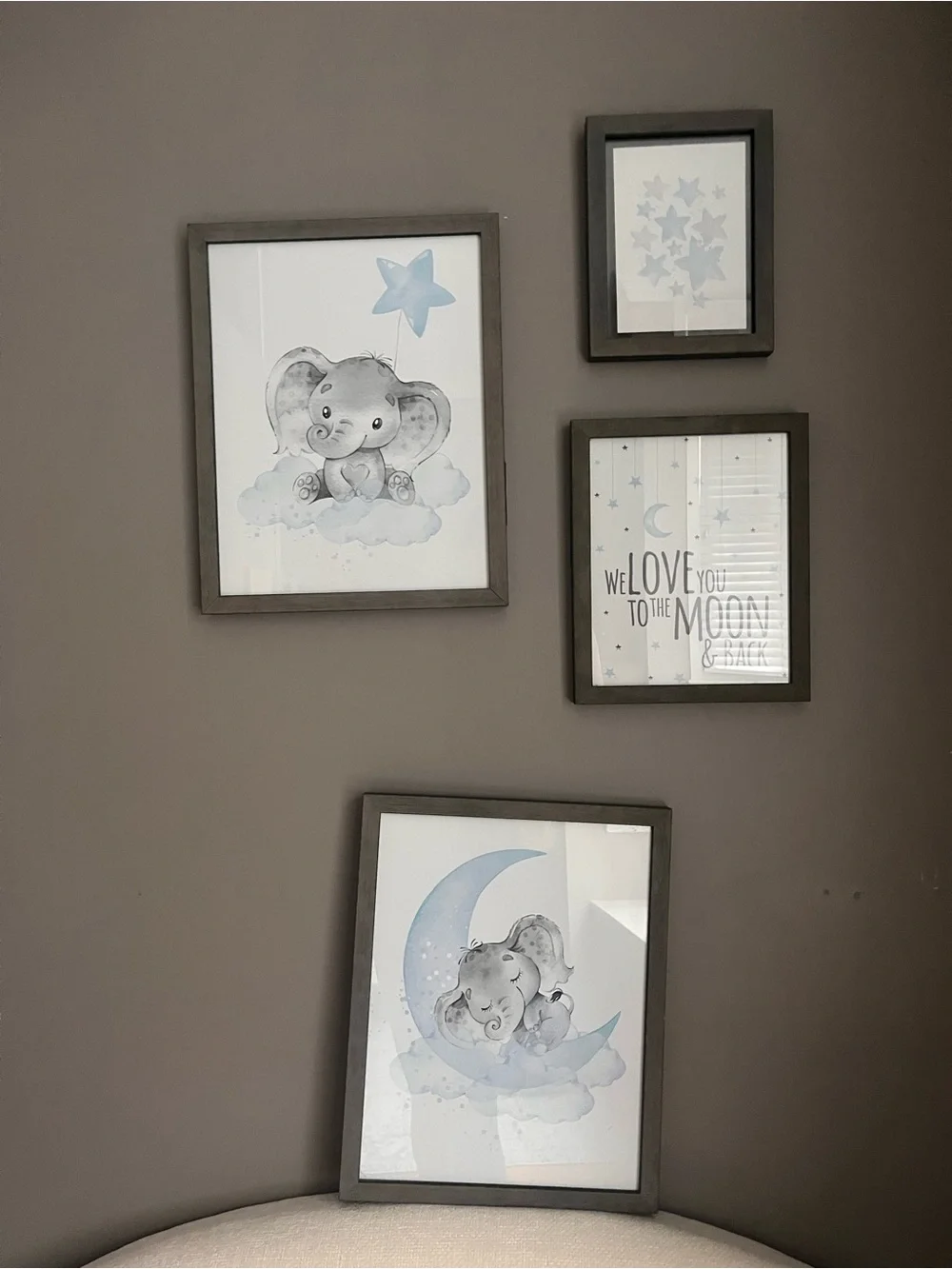 Nursery Wall Art Set - Gray & Blue Elephant & Moon with Frames - 4 pieces